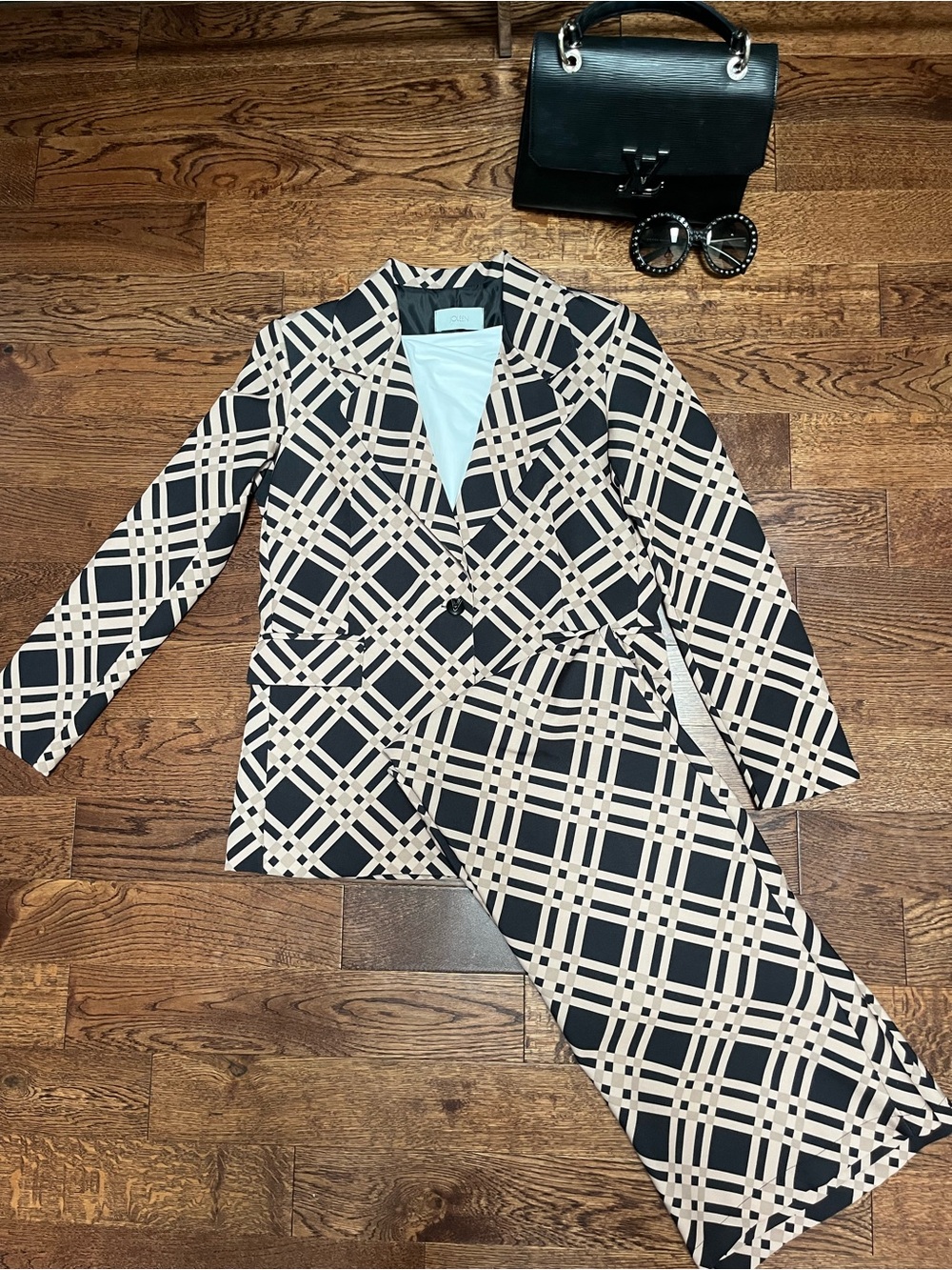 Joleen Women’s Black & Tan Plaid Blazer & Pants Set- 2 Piece